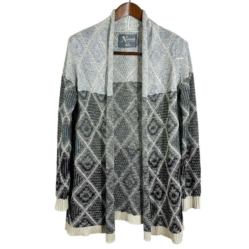 Natural Reflections Womens Cardigan Black Geo Cream Long Open Cottagecore Size L